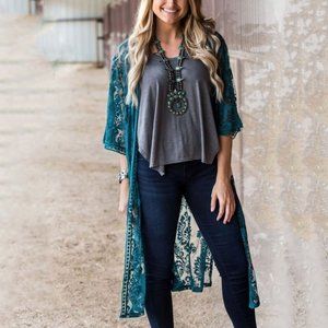 Open Front Teal Boho Duster